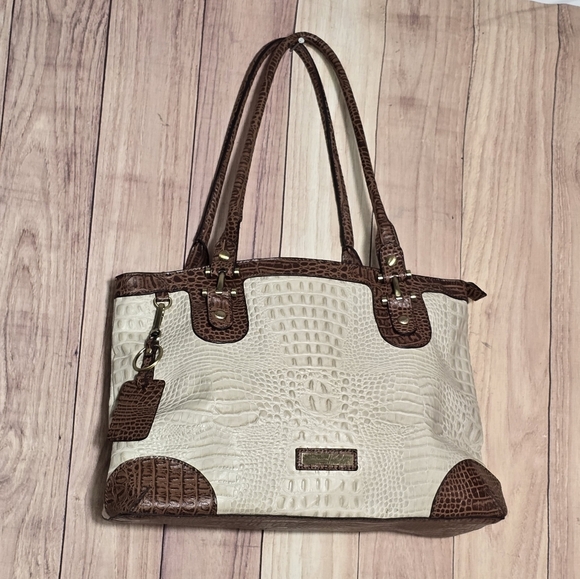 Etienne Aigner Leather Vintage Croc Embossed  Cream & Brown Tote Satchel 15x10" - Picture 4 of 15
